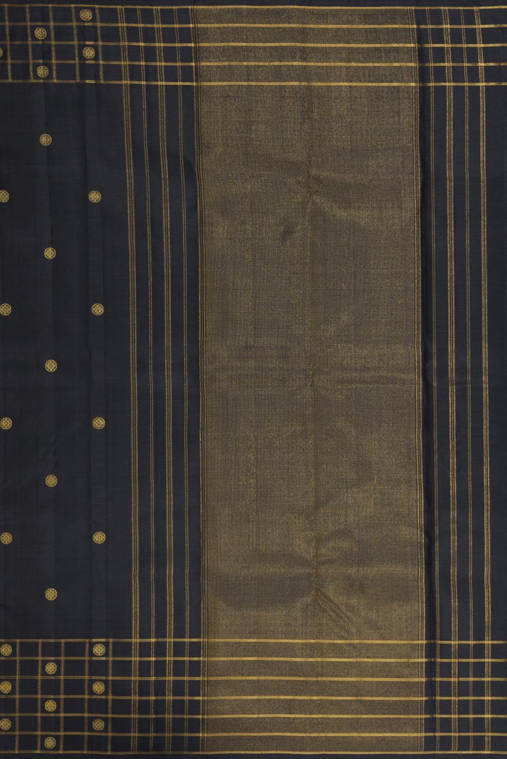 Close up image of the pallu of Black Kanchipuram Silk Saree with Zari Butta on the body and Checks Border. 
