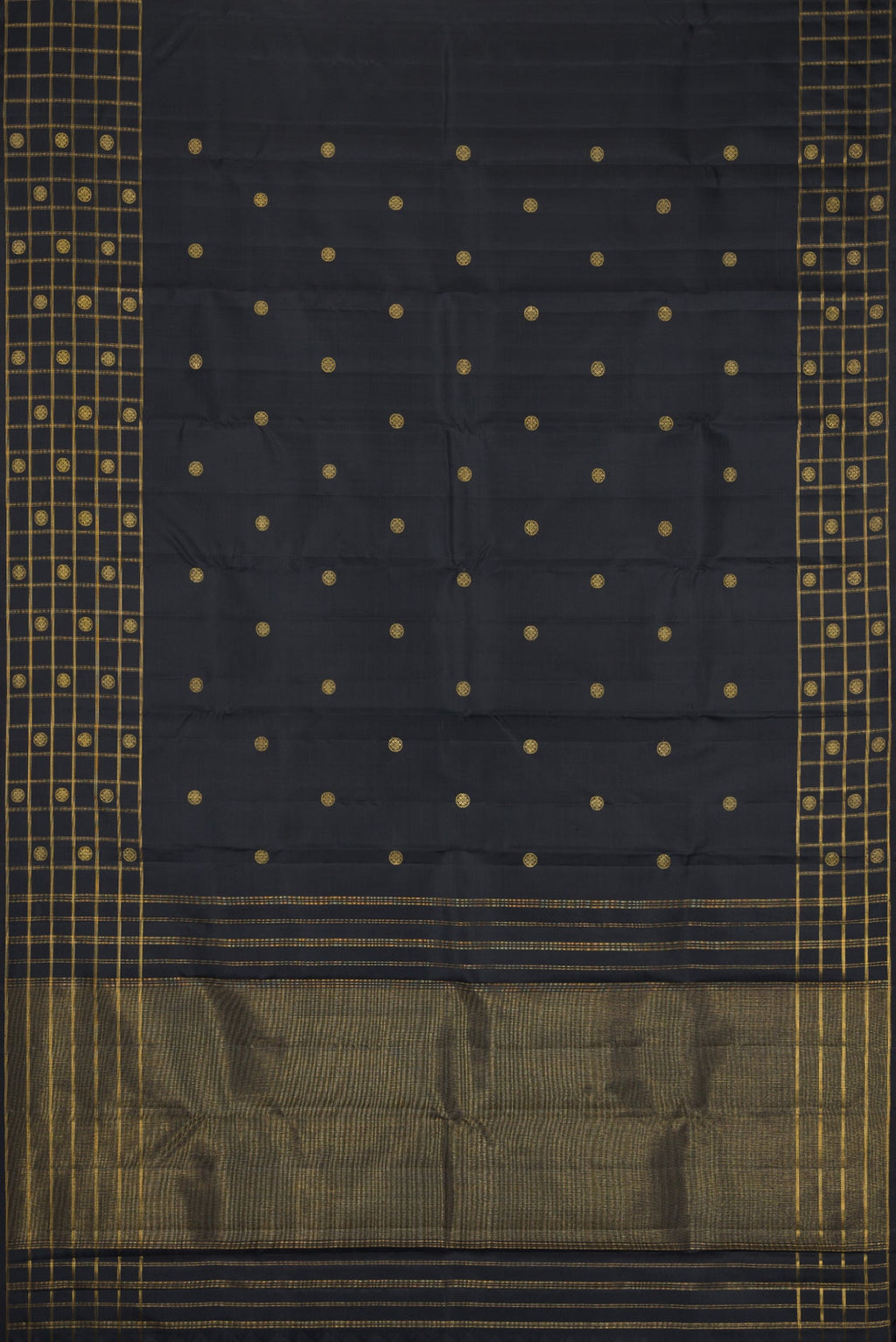 Flat view of Black Kanchipuram Silk Saree with Zari Butta on the body and Checks Border. 