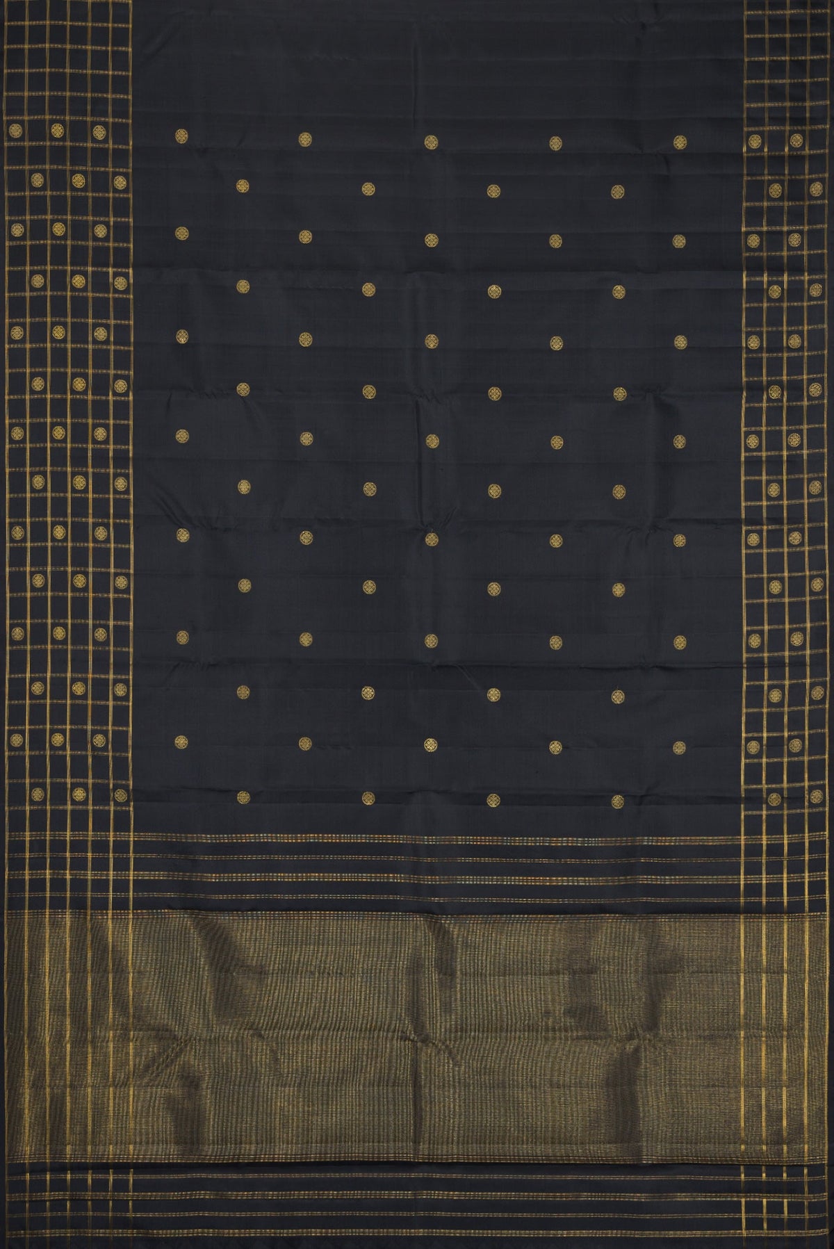 Flat view of Black Kanchipuram Silk Saree with Zari Butta on the body and Checks Border. 