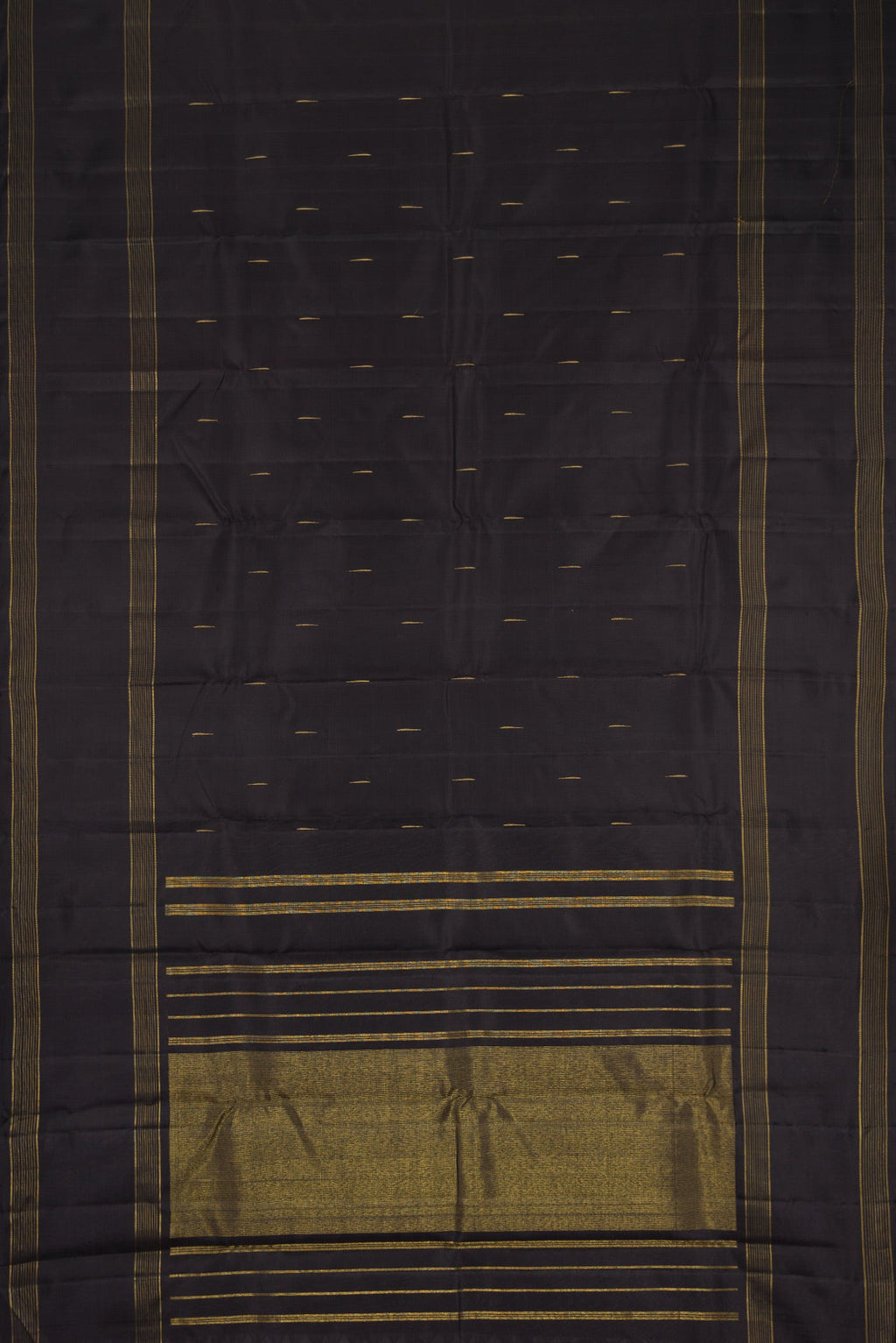 Flat view of Pure Silk Pure Zari Black Dual Tone Kanjivaram Saree with Zari Butta on the body and Zari Border. 