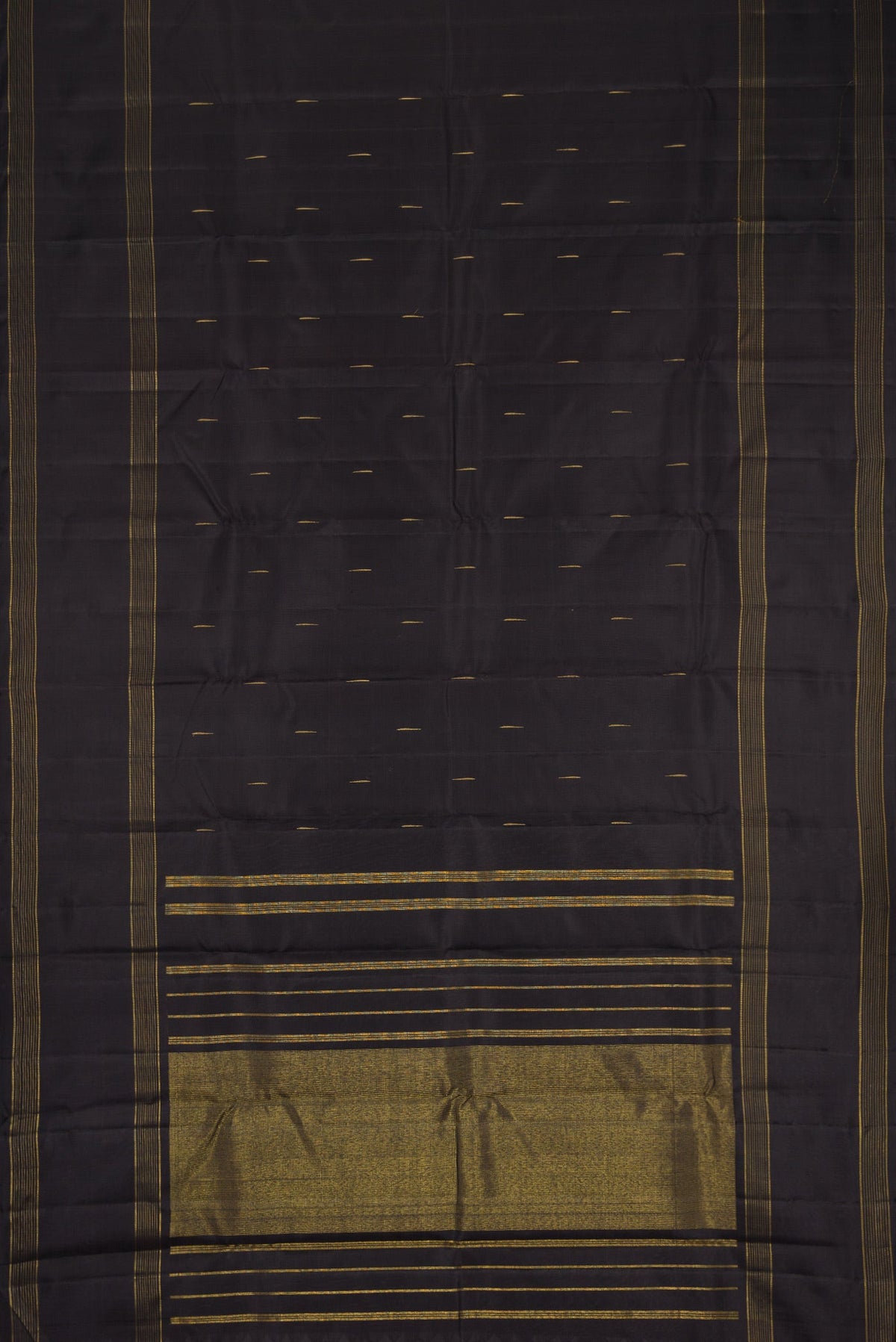 Flat view of Pure Silk Pure Zari Black Dual Tone Kanjivaram Saree with Zari Butta on the body and Zari Border. 