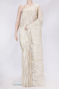 Gold Dual Tone Organza Silk Saree with Embroidery on the body and Embroidery Border.  displayed on a mannequin
