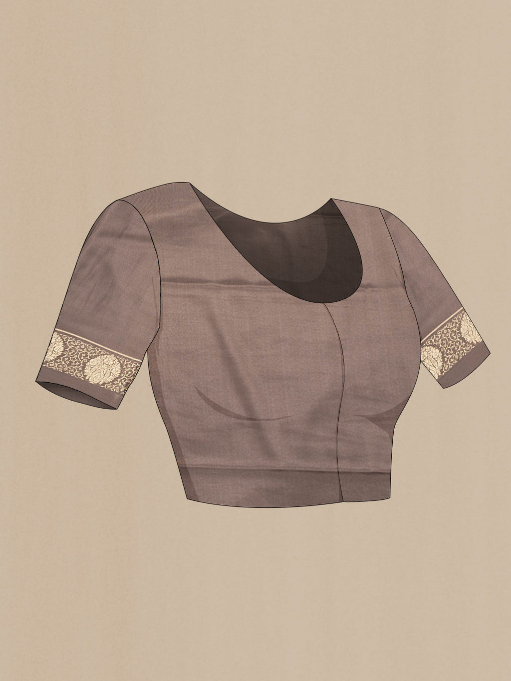 Close up image of the blouse of Brown Dual Tone Mysore Silk Saree with Zari Butta on the body and Fancy Border. 