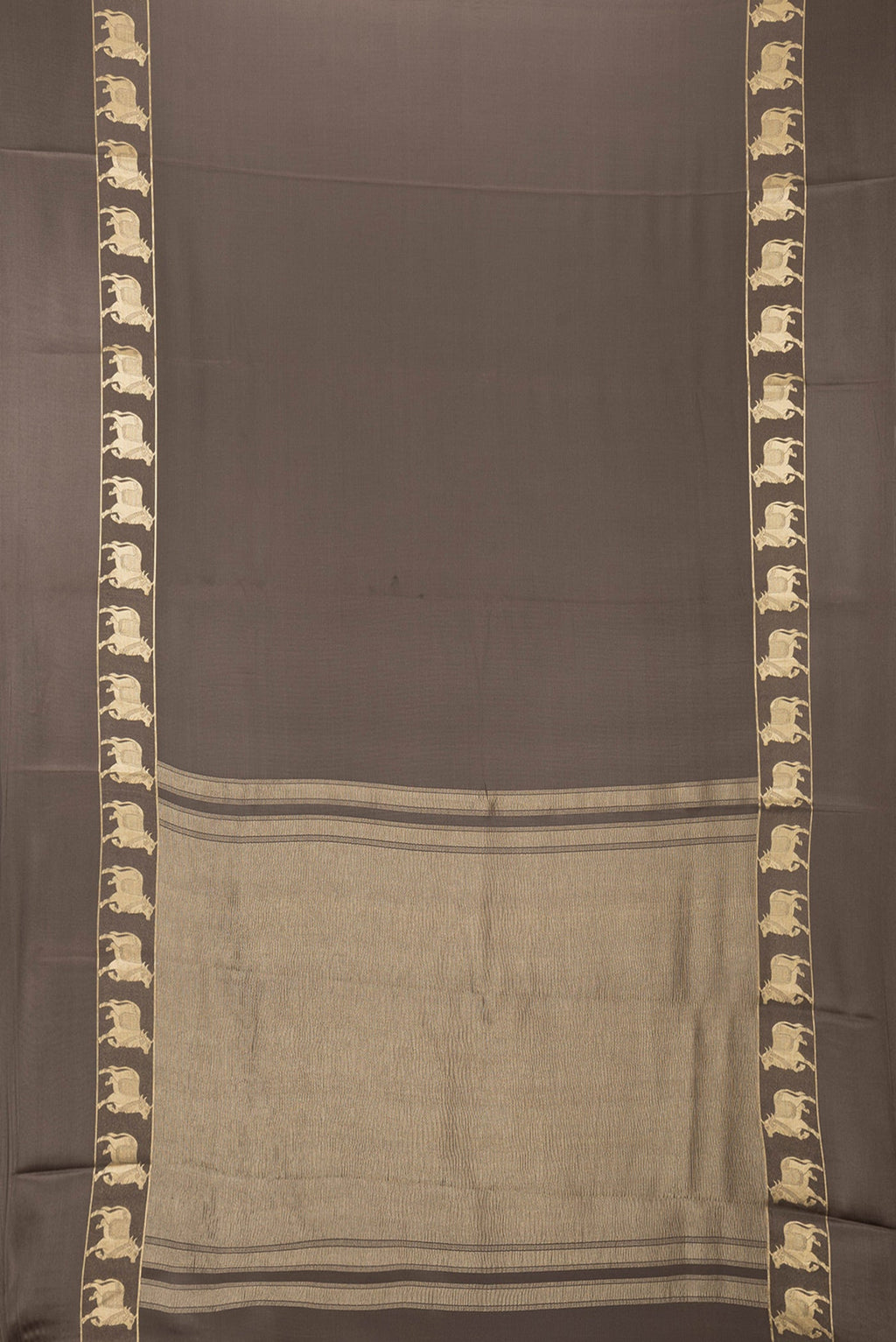 Flat view of Brown Dual Tone Mysore Silk Saree with Plain Body and Fancy Border. 