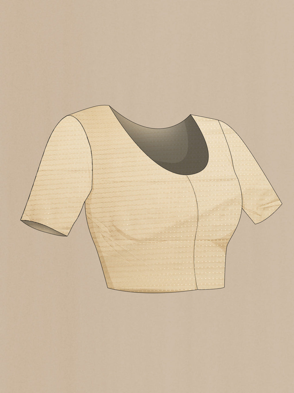 Close up image of the blouse of Beige Dual Tone Mysore Silk Saree with Plain Body and Fancy Border. 