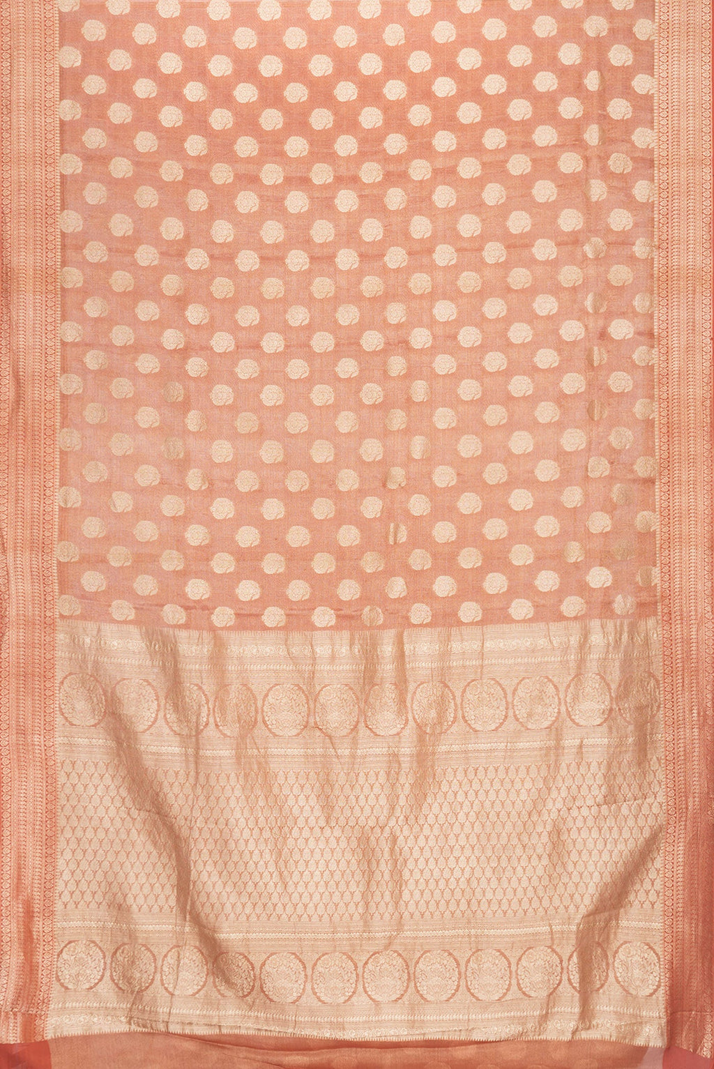 Flat view of Brick Orange Dual Tone Mysore Georgette Saree with Zari Brocade on the body and Zari Border. 