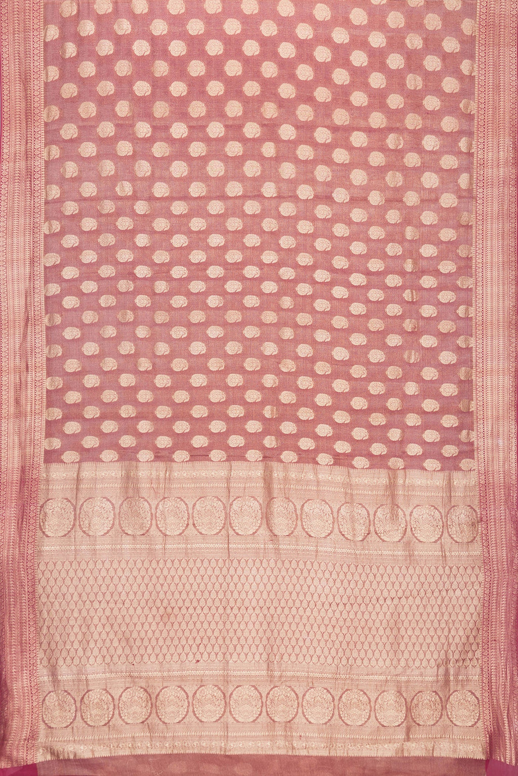 Flat view of Pink Dual Tone Mysore Georgette Saree with Zari Brocade on the body and Zari Border. 