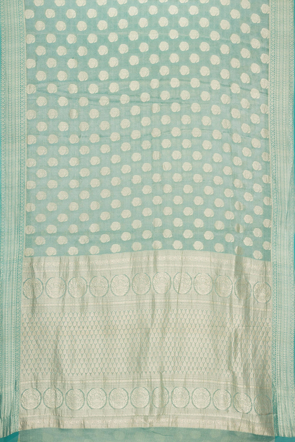 Flat view of Sea Green Dual Tone Mysore Georgette Saree with Zari Brocade on the body and Zari Border. 