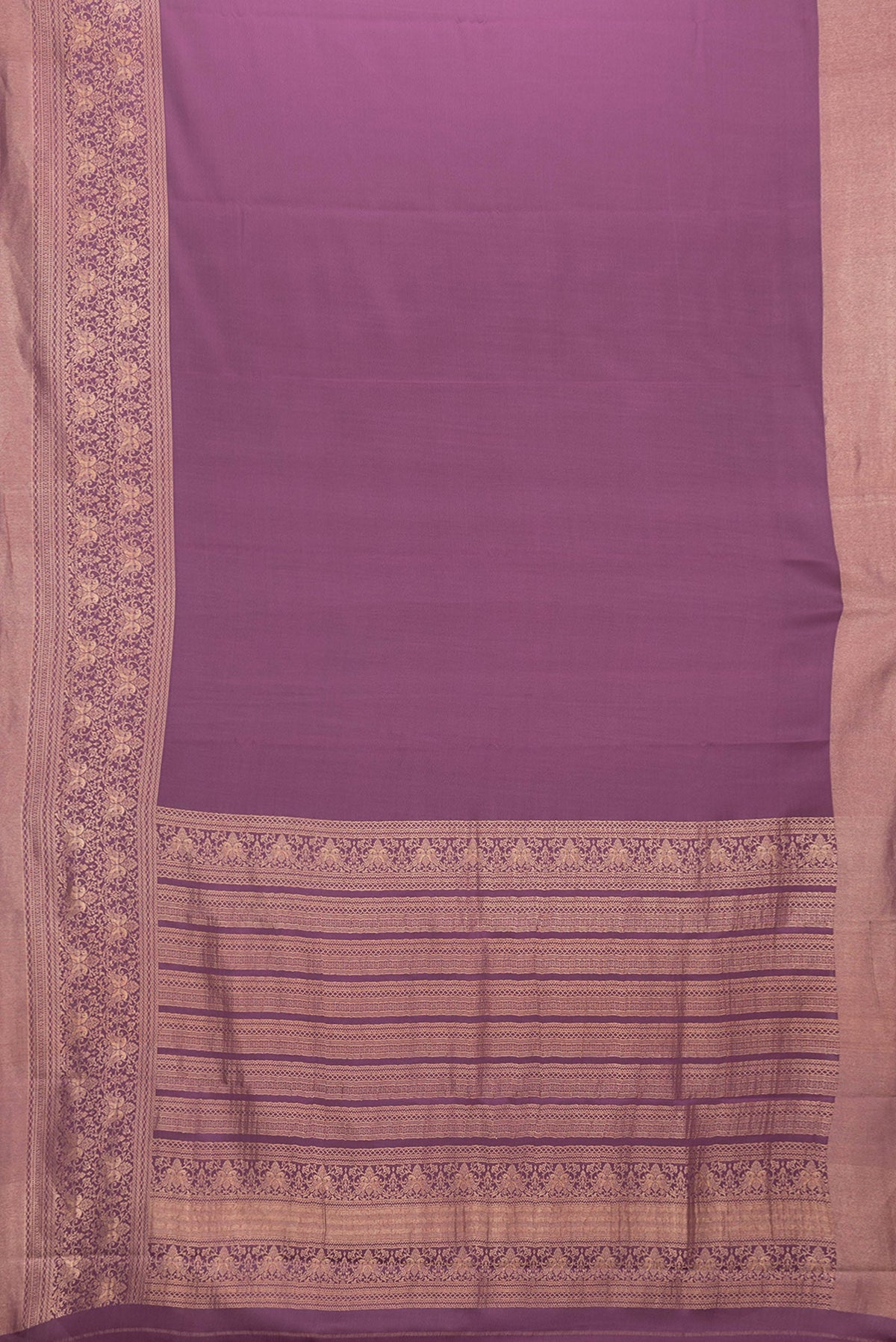 Flat view of Burgundy Dual Tone Mysore Silk Saree with Plain Body and Zari Border. 