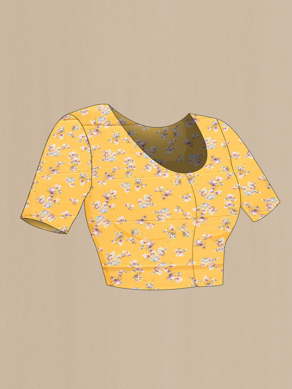 Close up image of the blouse of Yellow Dual Tone Mysore Crepe Saree with Printed design on the body and Without Border. 