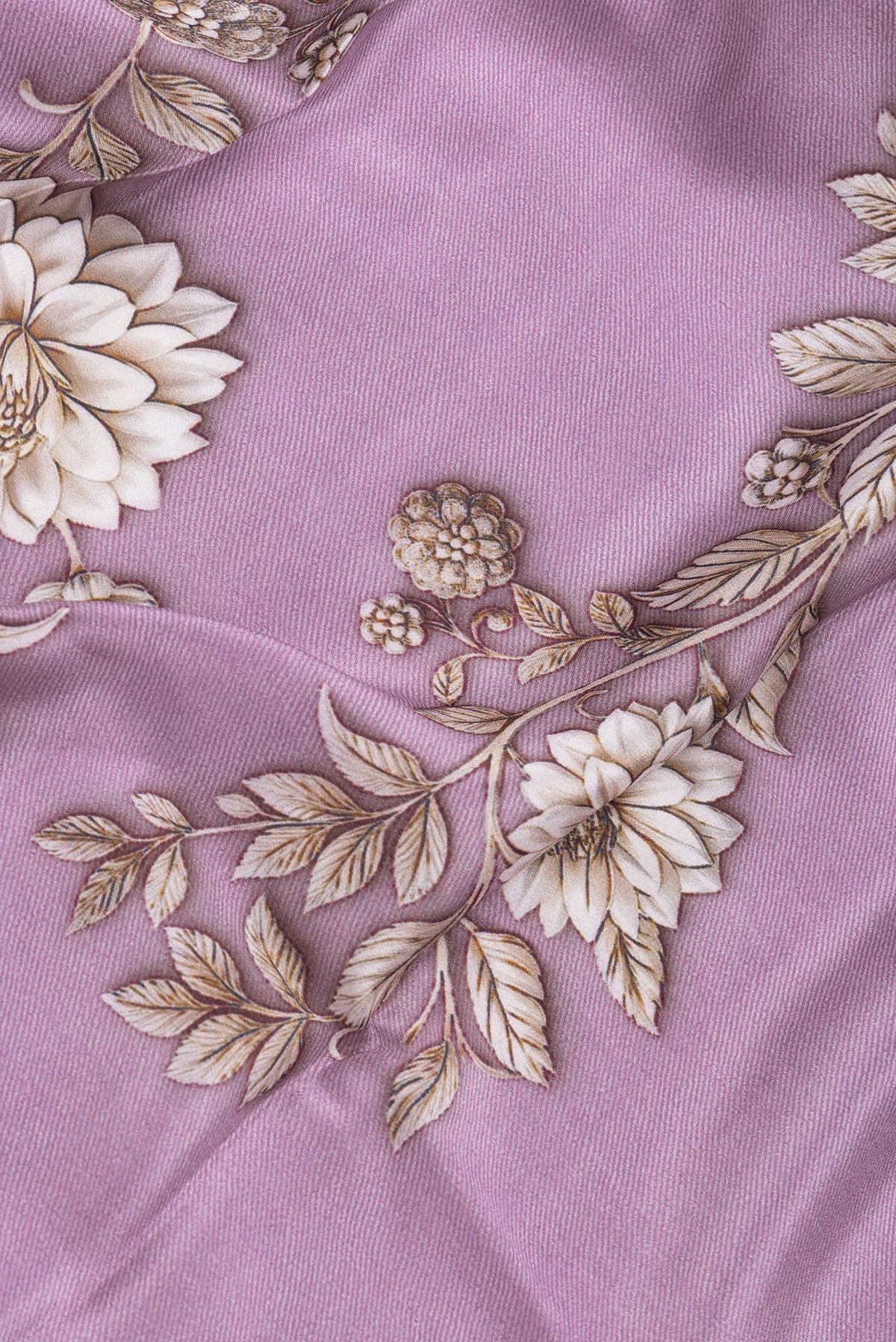 Close up of Purple Dual Tone Mysore Crepe Saree with Printed design on the body and Plain Border.  displaying folds