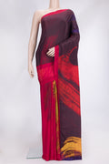 Burgundy Dual Tone Mysore Crepe Saree with Printed design on the body and Plain Border.  displayed on a mannequin