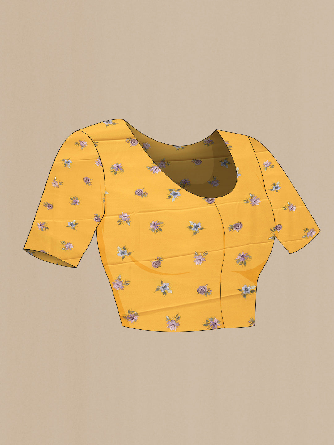 Close up image of the blouse of Yellow Dual Tone Mysore Crepe Saree with Printed design on the body and Without Border. 
