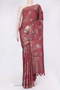 Maroon Dual Tone Tussar Silk Saree with Printed design on the body and Zari Border.  displayed on a mannequin