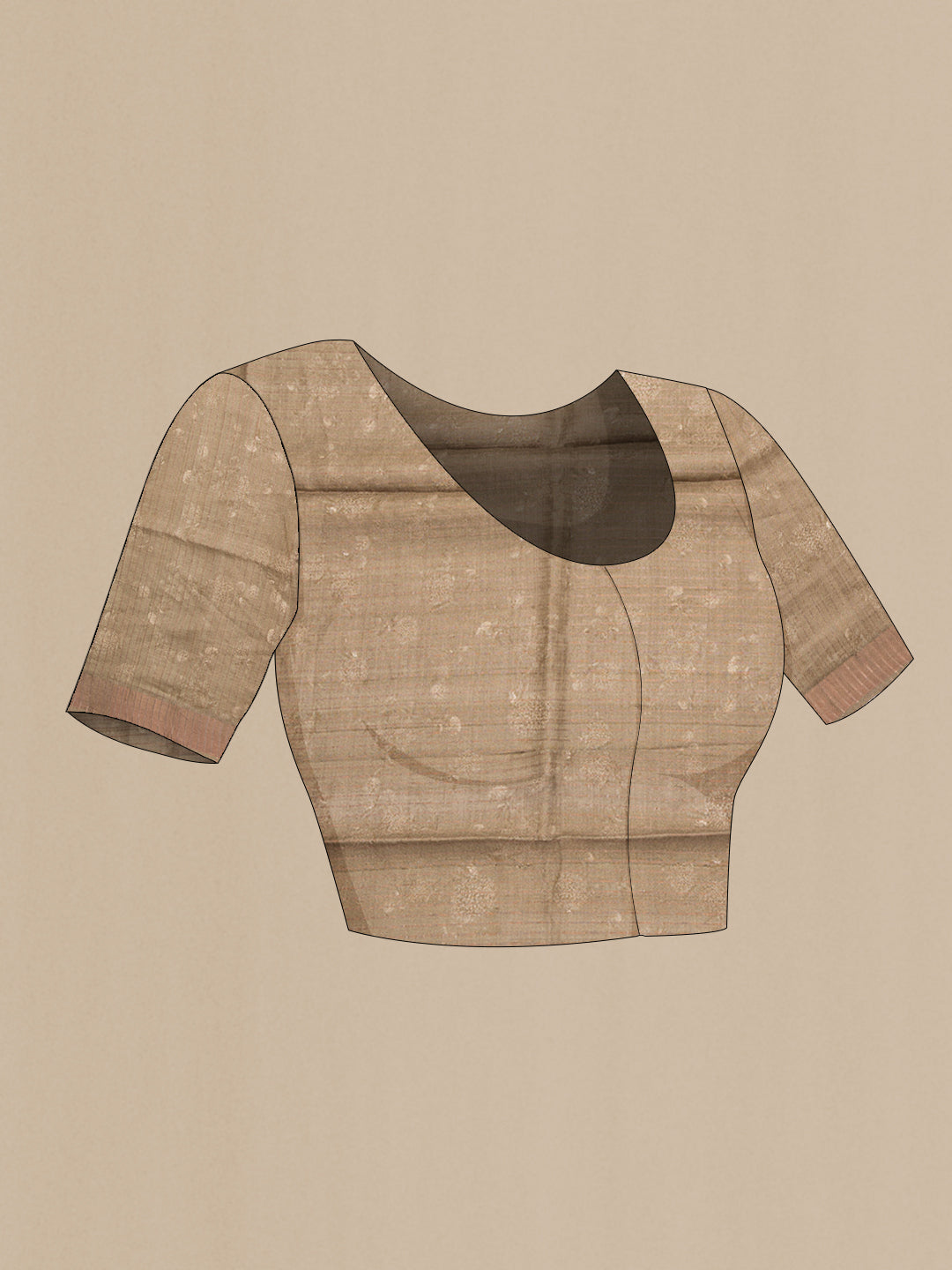 Close up image of the blouse of Brown Tussar Silk Saree with Printed design on the body and Zari Border. 