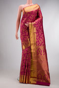 Dark Mauve Dual Tone Kanjivaram Silk Saree with Zari Brocade on the body and Zari Border.  displayed on a mannequin
