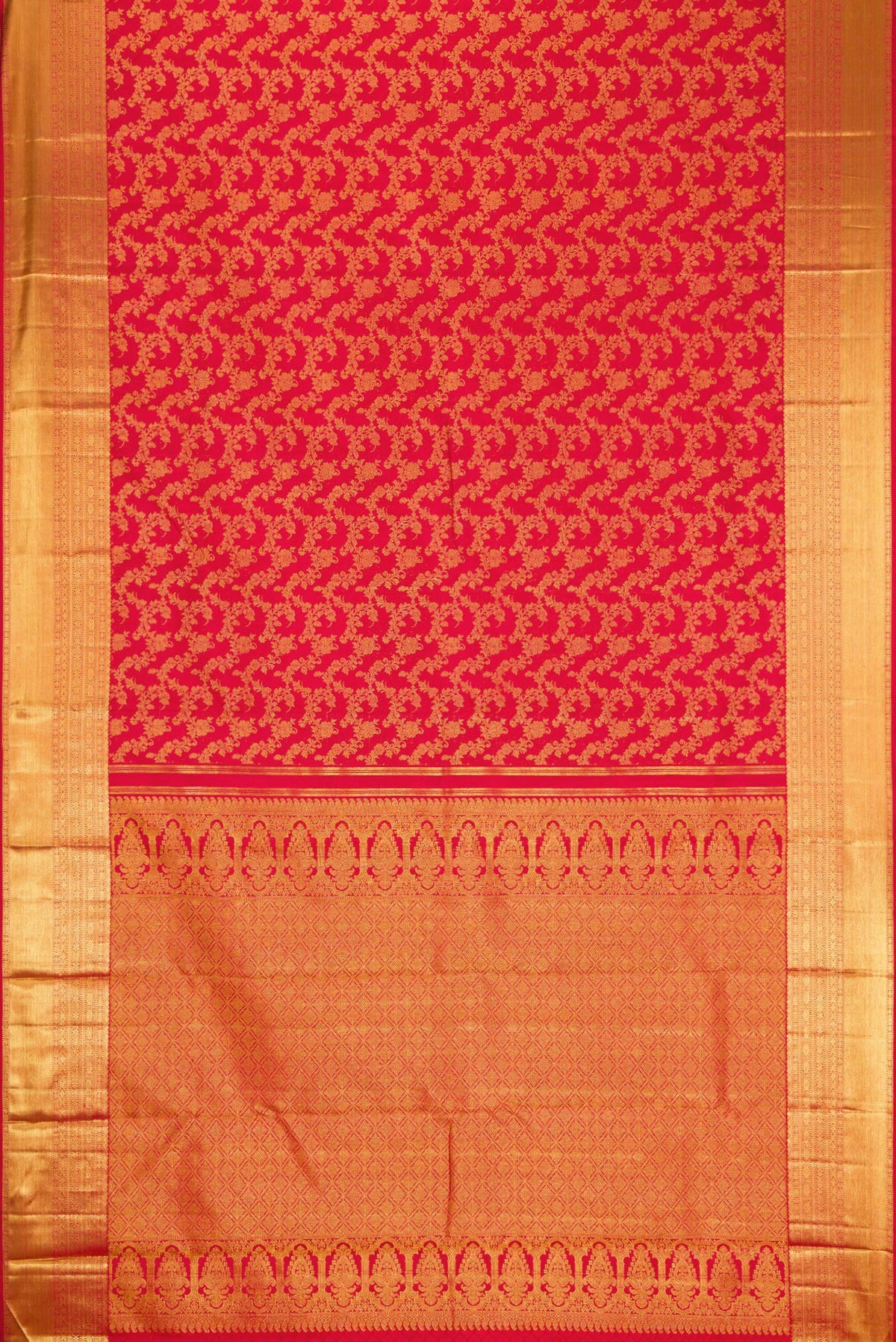 Flat view of Red Dual Tone Kanjivaram Silk Saree with Zari Brocade on the body and Zari Border. 