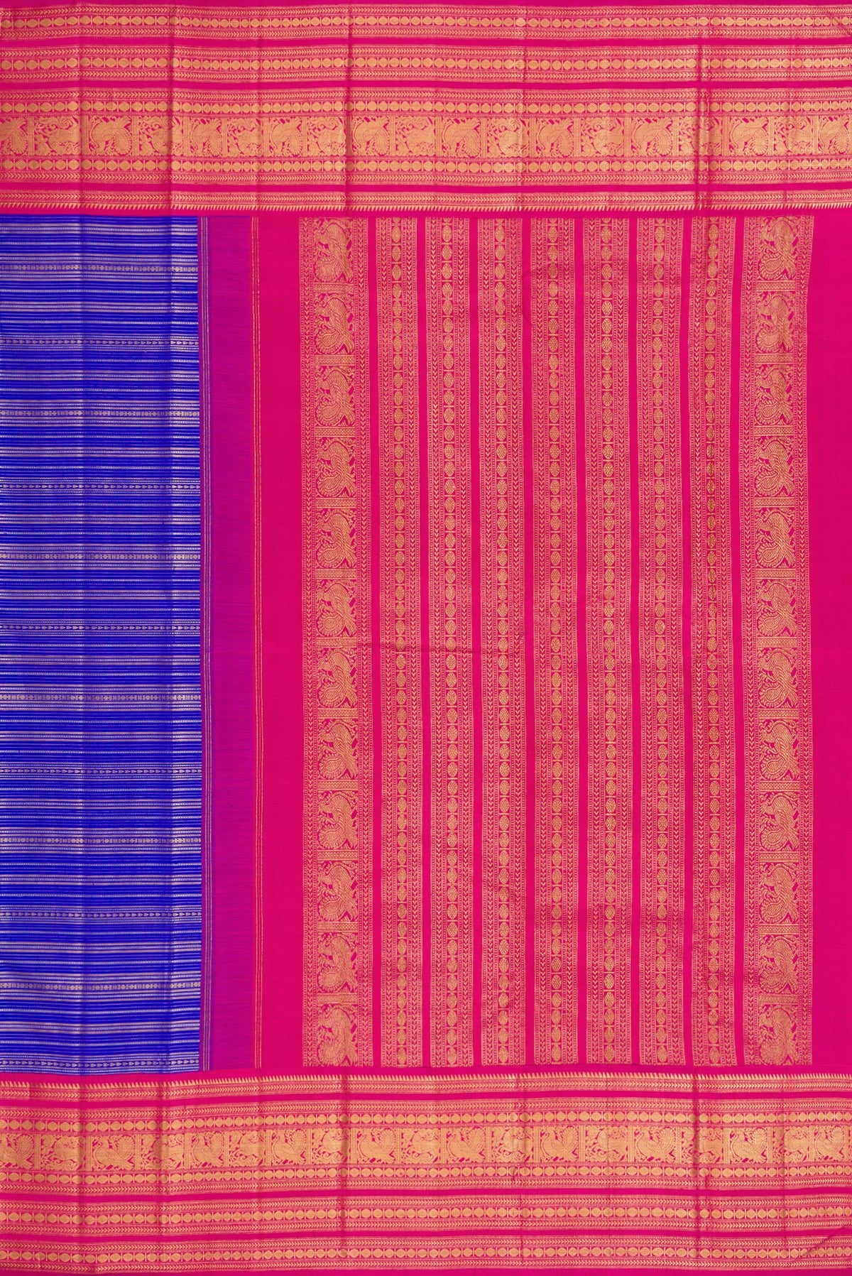 Close up image of the pallu of Pure Silk Pure Zari Royal Blue Dual Tone Kanchipuram Saree with Stripes on the body and Zari Border. 