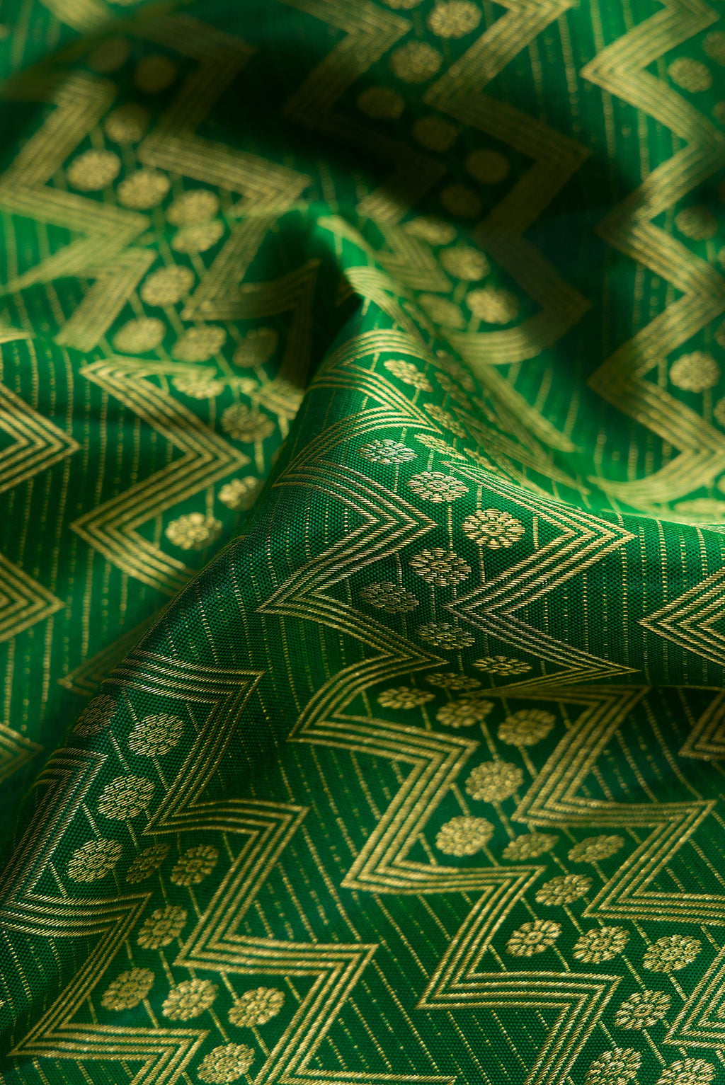 Close up of Green Dual Tone Kanchipuram Silk Saree with Zari Brocade on the body and Fancy Border.  displaying folds