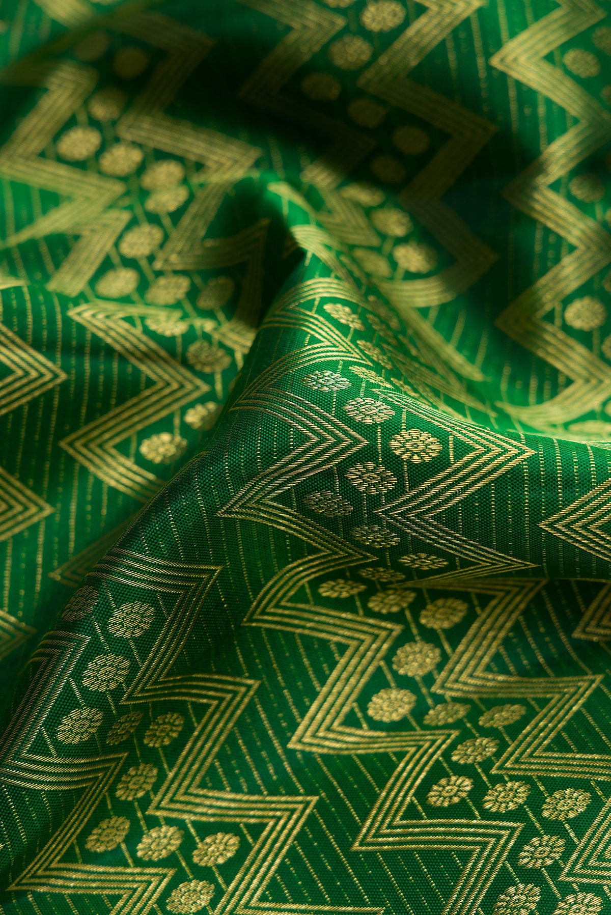 Close up of Green Dual Tone Kanchipuram Silk Saree with Zari Brocade on the body and Fancy Border.  displaying folds
