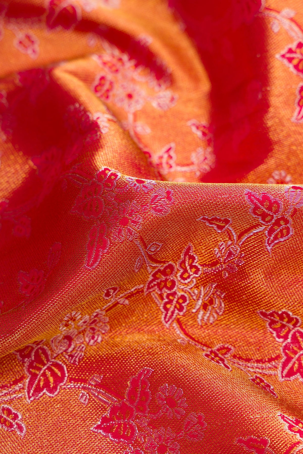 Close up of Red Dual Tone Kanchipuram Silk Saree with Zari Brocade on the body and Zari Border.  displaying folds