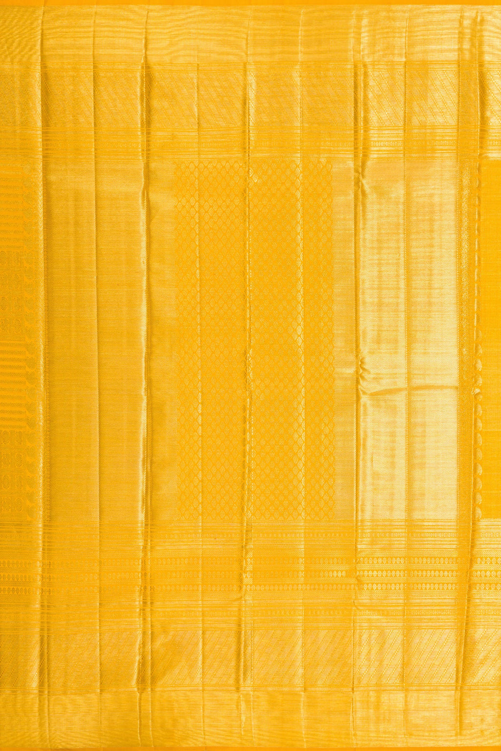 Close up image of the pallu of Yellow Dual Tone Kanjivaram Silk Saree with Zari Brocade on the body and Zari Border. 
