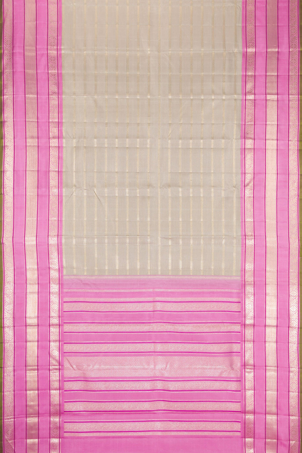 Flat view of Grey Dual Tone Kanchipuram Silk Saree with Zari Brocade on the body and Zari Border. 