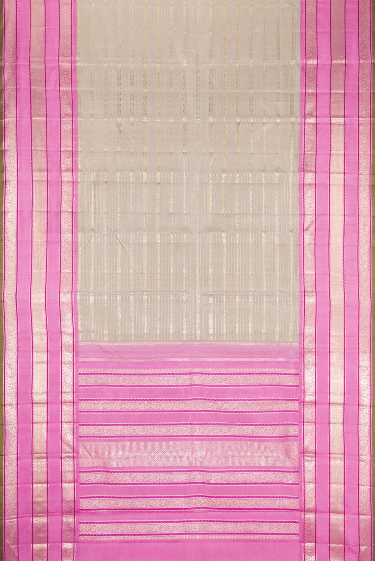 Flat view of Grey Dual Tone Kanchipuram Silk Saree with Zari Brocade on the body and Zari Border. 