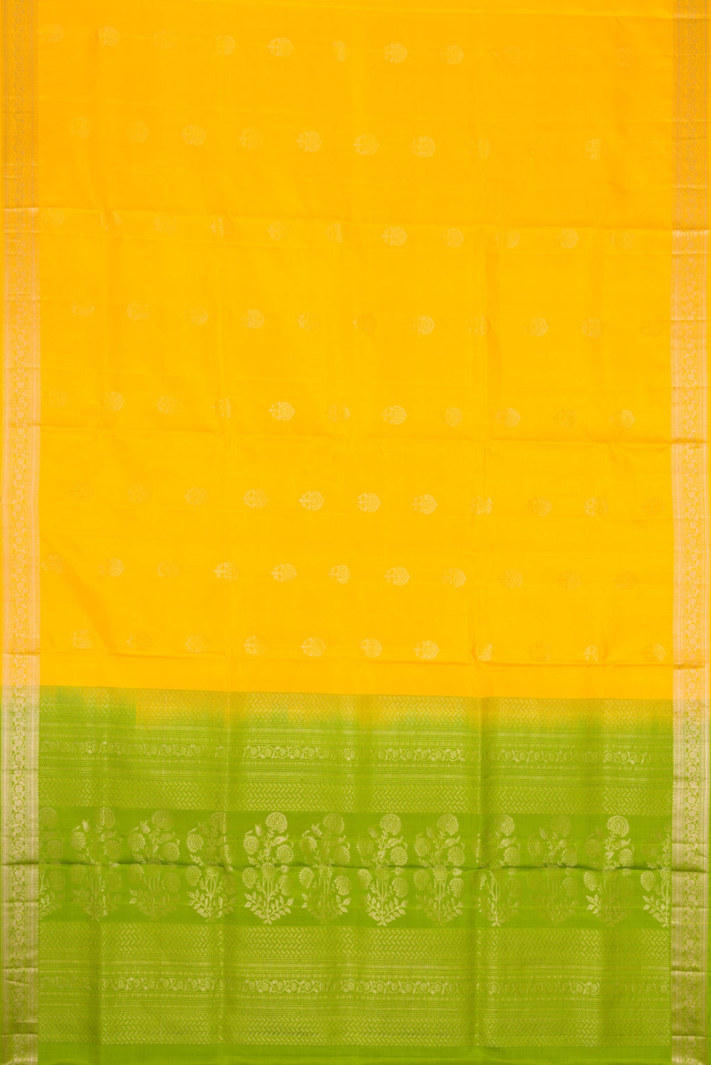 Flat view of Yellow Dual Tone Soft Silk Saree with Zari Butta on the body and Zari Border. 