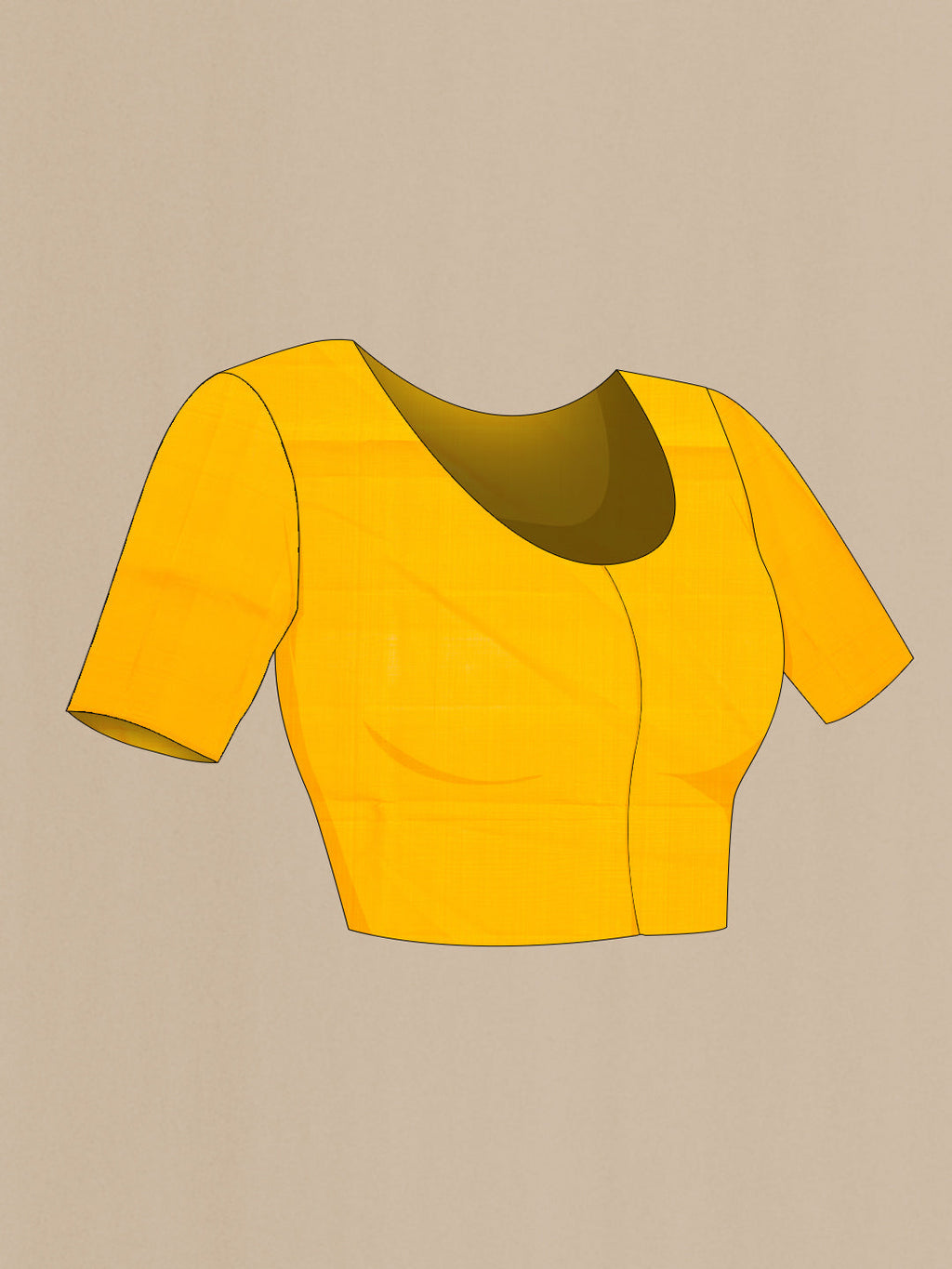 Close up image of the blouse of Yellow Dual Tone Soft Silk Saree with Zari Butta on the body and Without Border. 