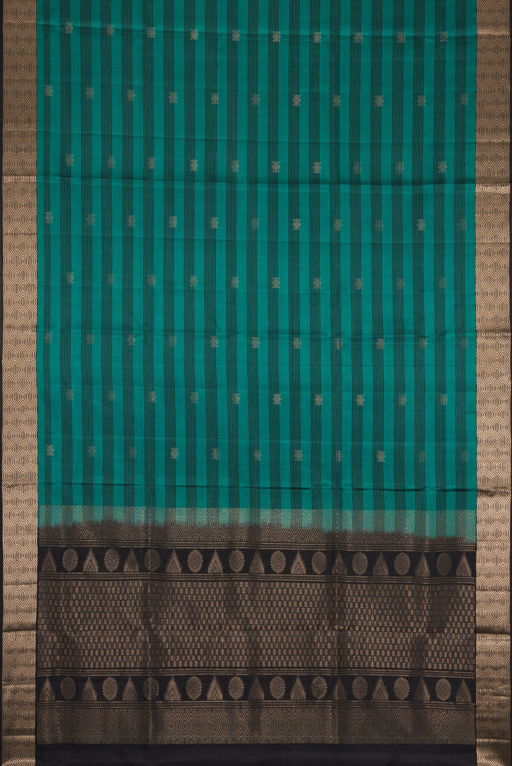 Flat view of Maya Blue Dual Tone Soft Silk Saree with Zari Butta on the body and Zari Border. 