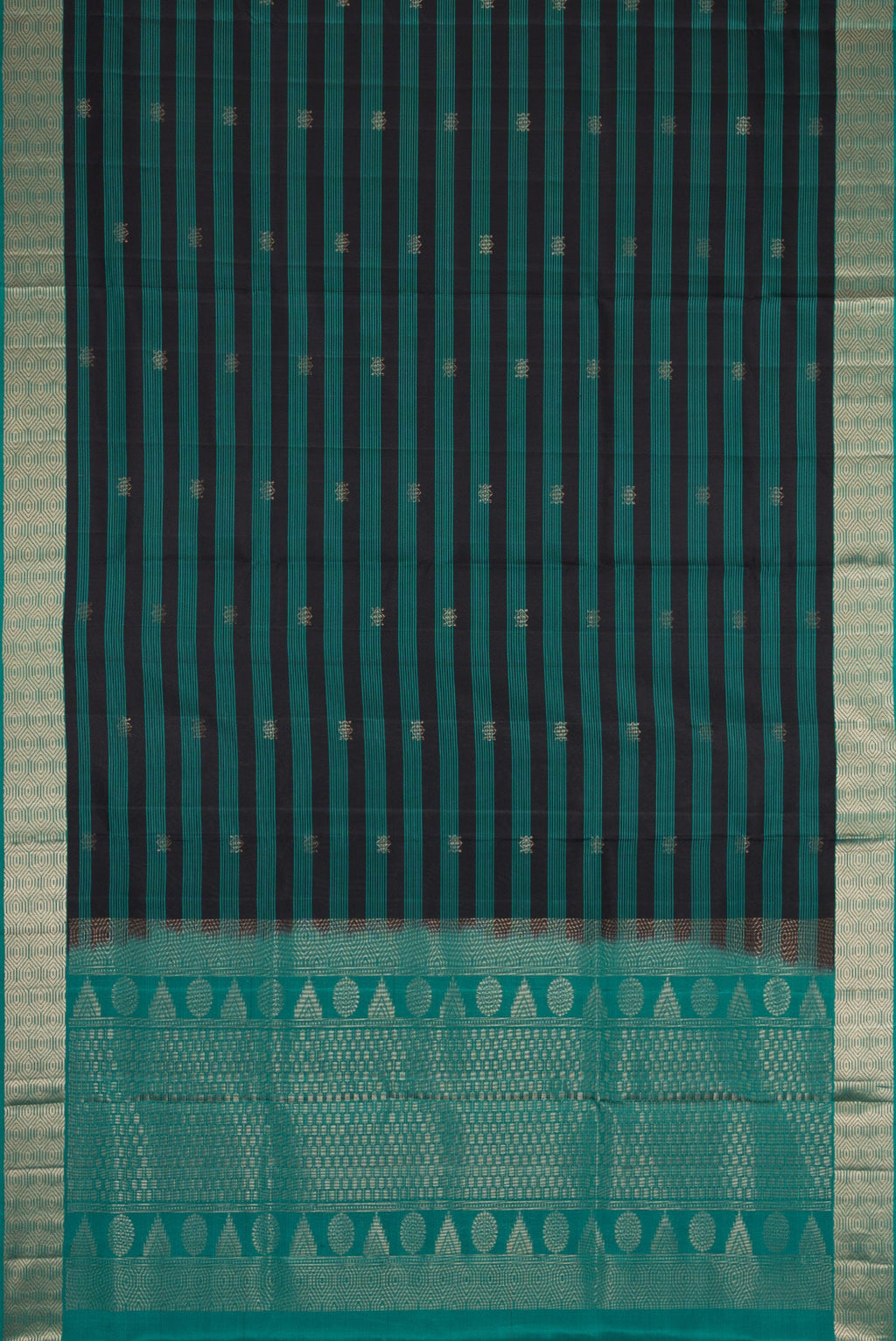 Flat view of Maya Blue Dual Tone Soft Silk Saree with Stripes on the body and Zari Border. 