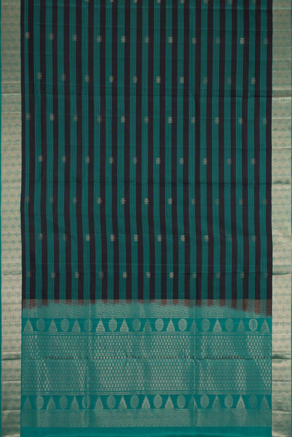 Flat view of Maya Blue Dual Tone Soft Silk Saree with Stripes on the body and Zari Border. 