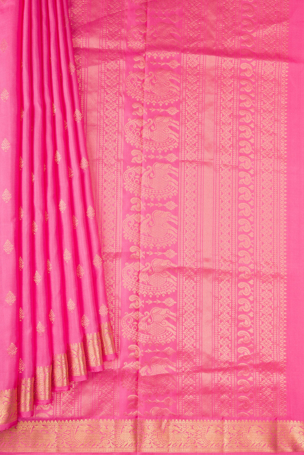Pleats and pallu of Pink Dual Tone Soft Silk Saree with Zari Butta on the body and Zari Border. 