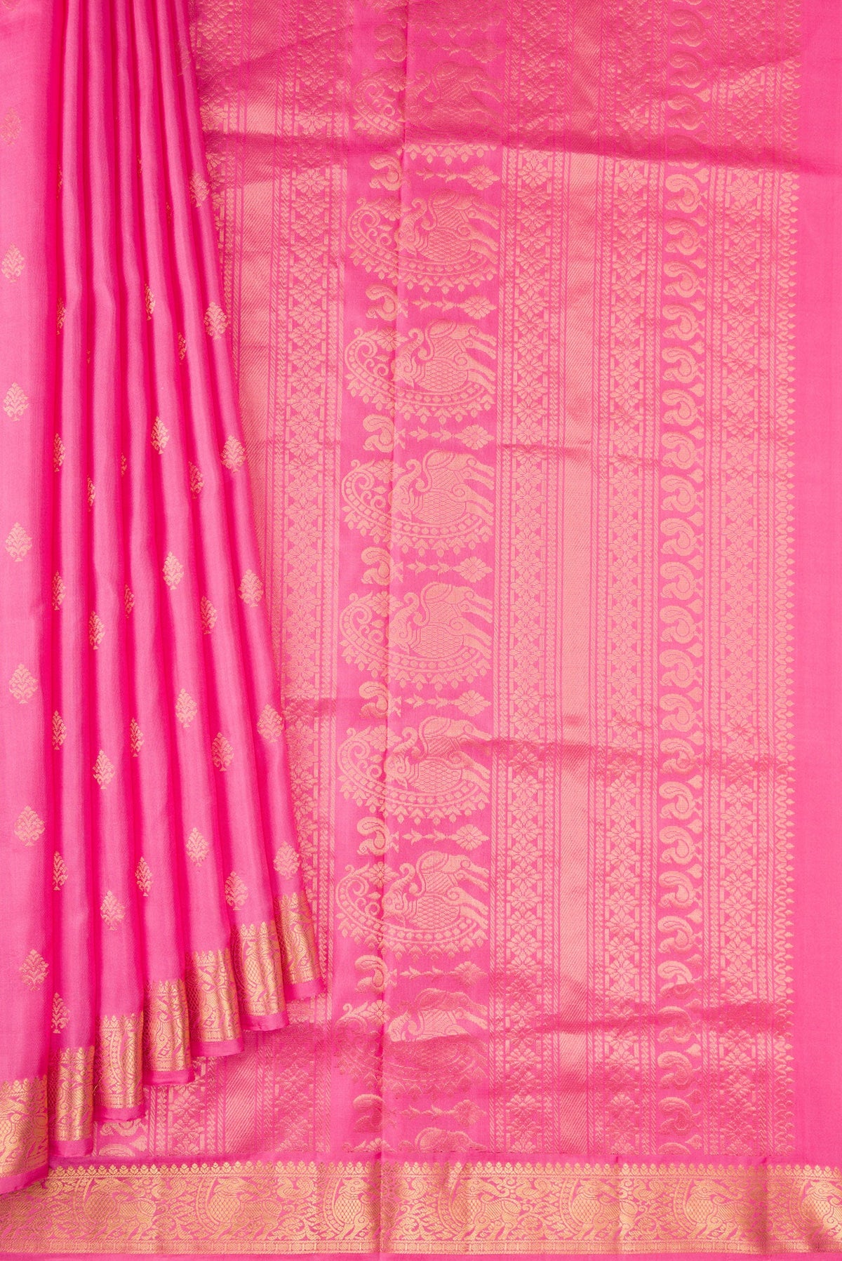 Pleats and pallu of Pink Dual Tone Soft Silk Saree with Zari Butta on the body and Zari Border. 