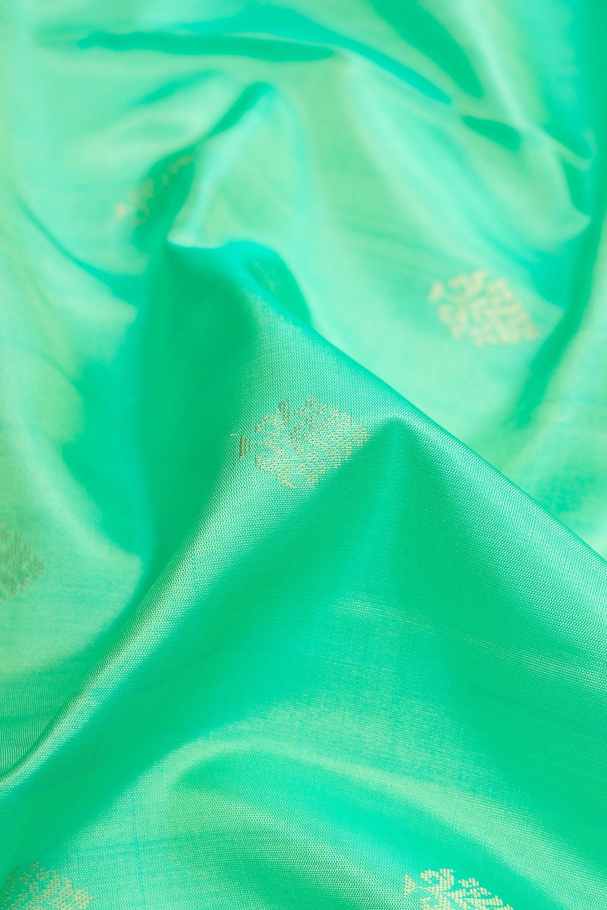 Close up of Pista Green Dual Tone Soft Silk Saree with Zari Butta on the body and Zari Border.  displaying folds