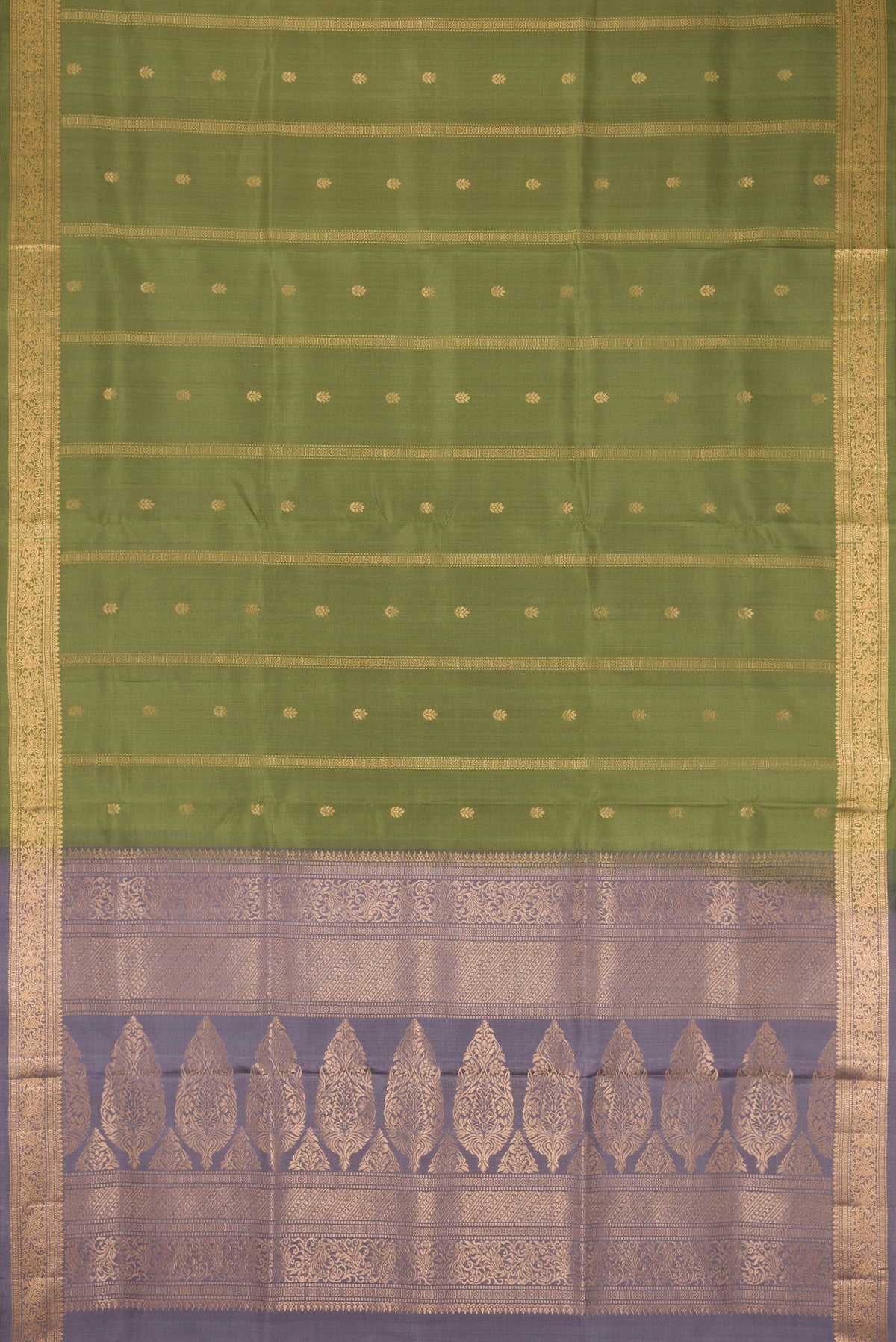 Flat view of Mehandi Green Dual Tone Soft Silk Saree with Zari Butta on the body and Zari Border. 