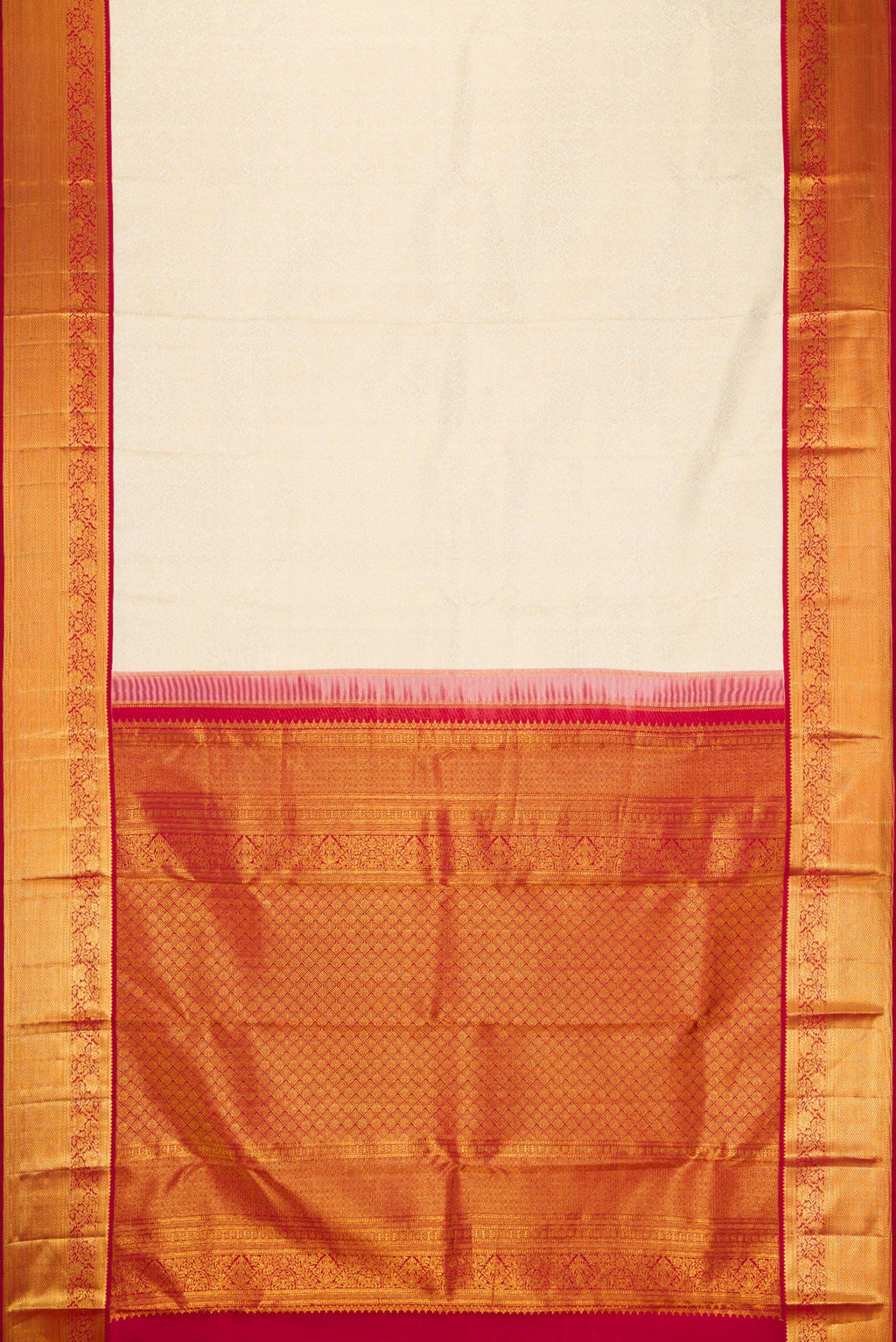 Flat view of Off White Kanjivaram Silk Saree with Zari Brocade on the body and Zari Border. 