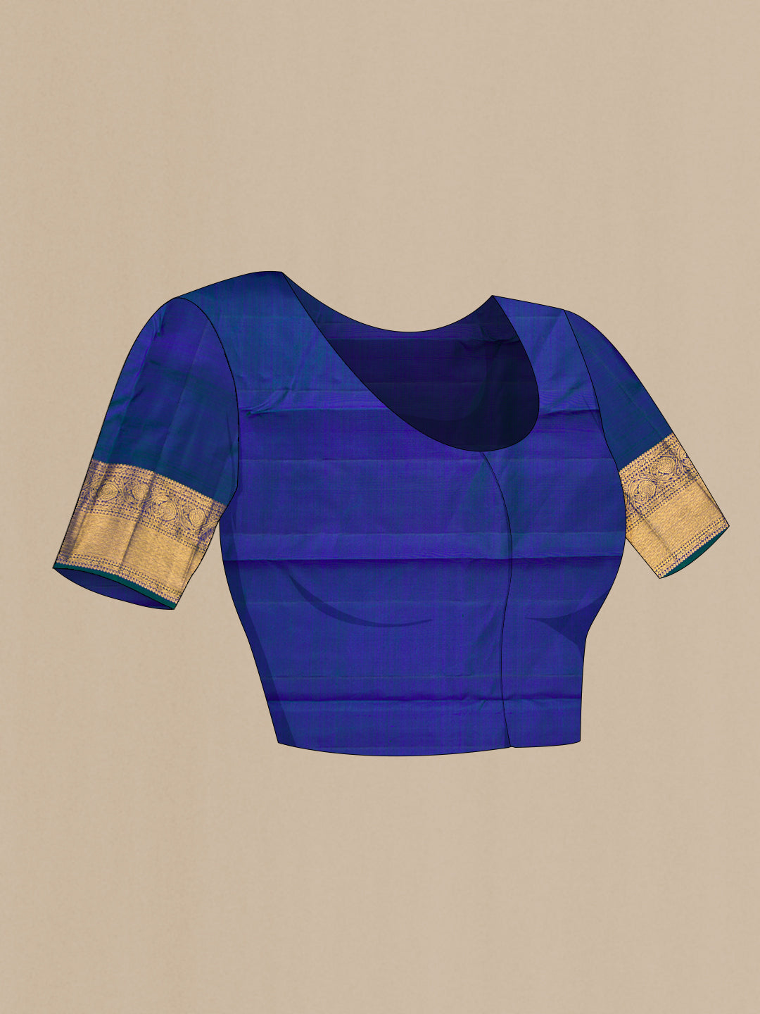 Close up image of the blouse of Peacock Blue Dual Tone Kanchipuram Silk Saree with Zari Brocade on the body and Zari Border. 