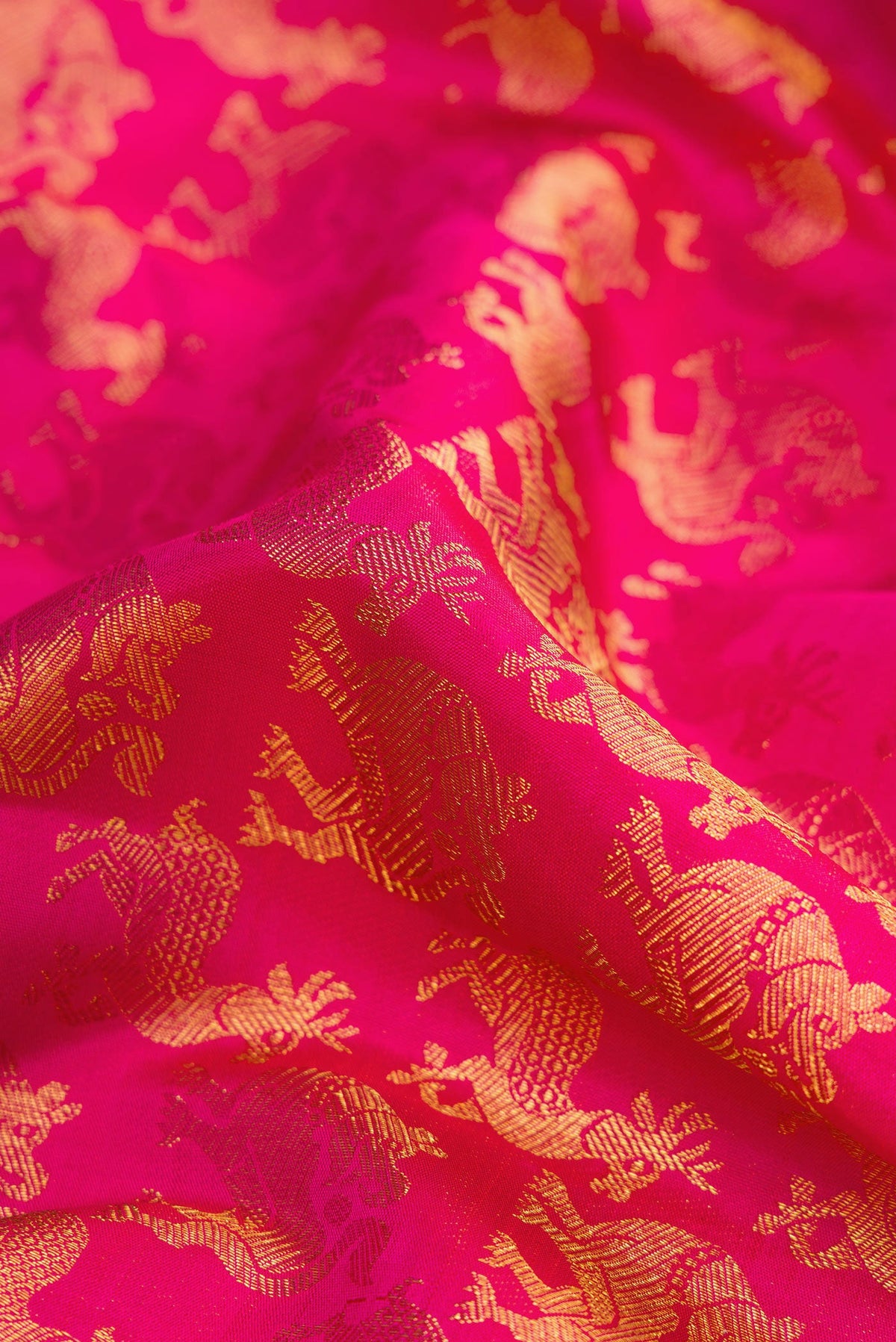 Close up of Pink Dual Tone Kanchipuram Silk Saree with Zari Brocade on the body and Zari Border.  displaying folds