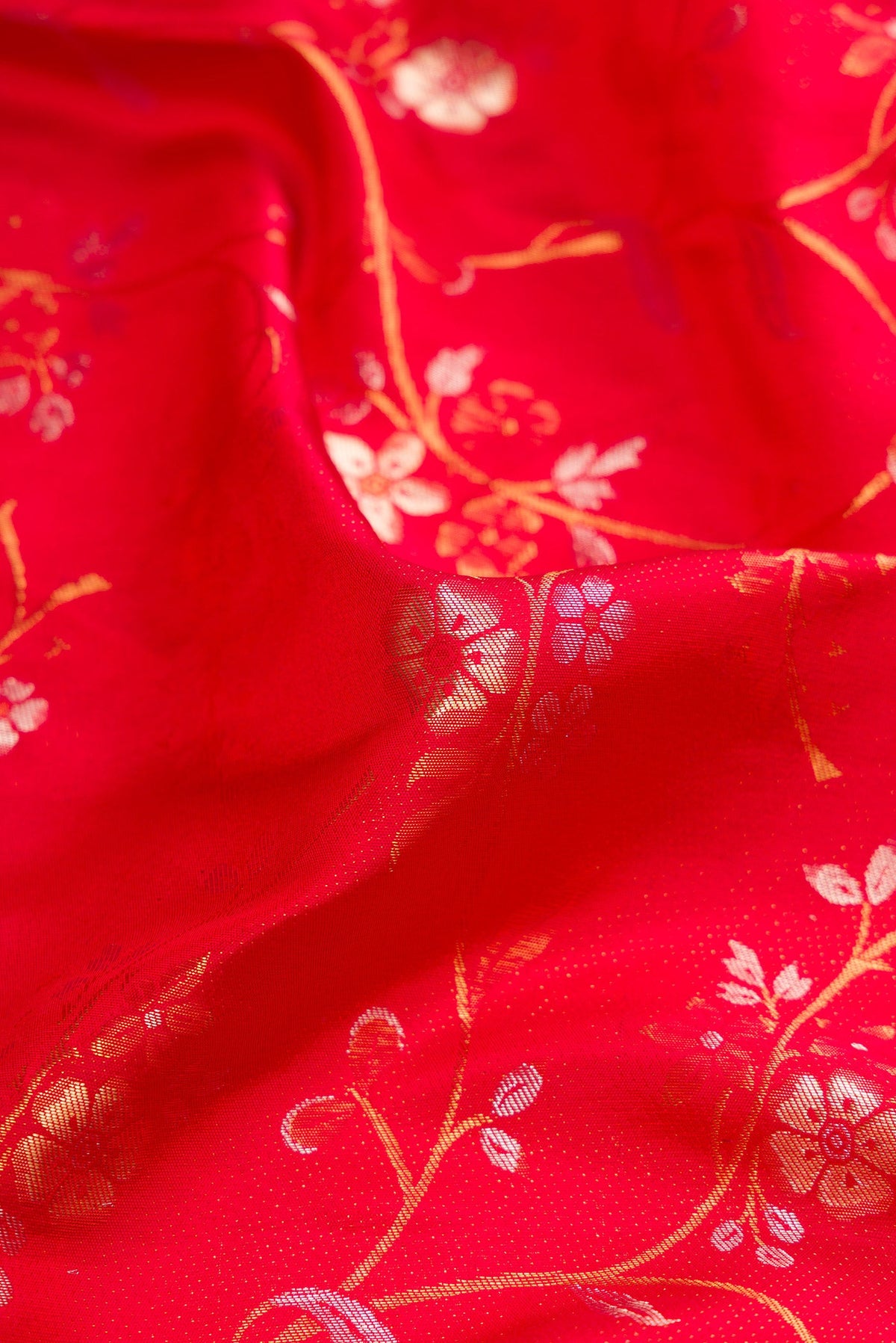 Close up of Red Dual Tone Kanchipuram Silk Saree with Zari Brocade on the body and Fancy Border.  displaying folds