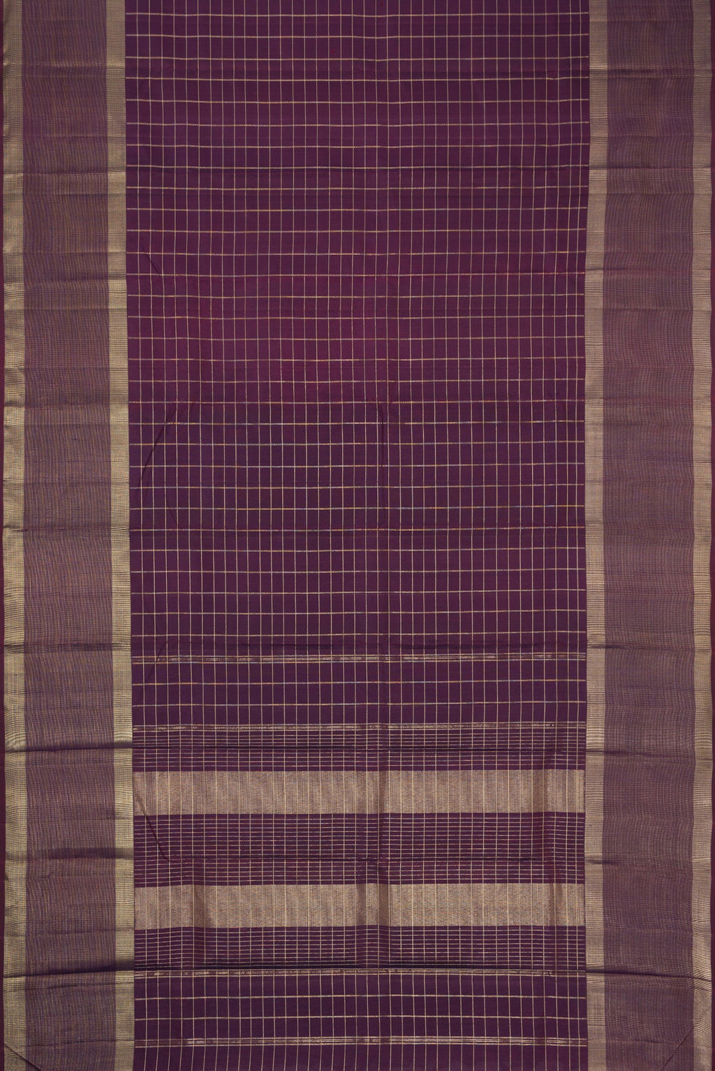 Flat view of Purple Kanchipuram Silk Saree with Checked design on the body and Plain Border. 