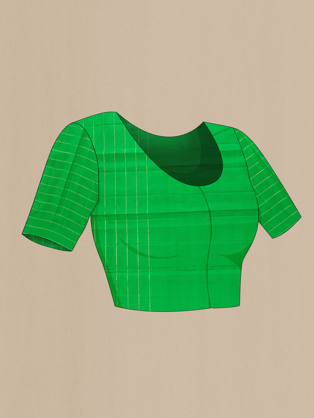 Close up image of the blouse of Green Kanchipuram Silk Saree with Zari Butta on the body and Checks Border. 