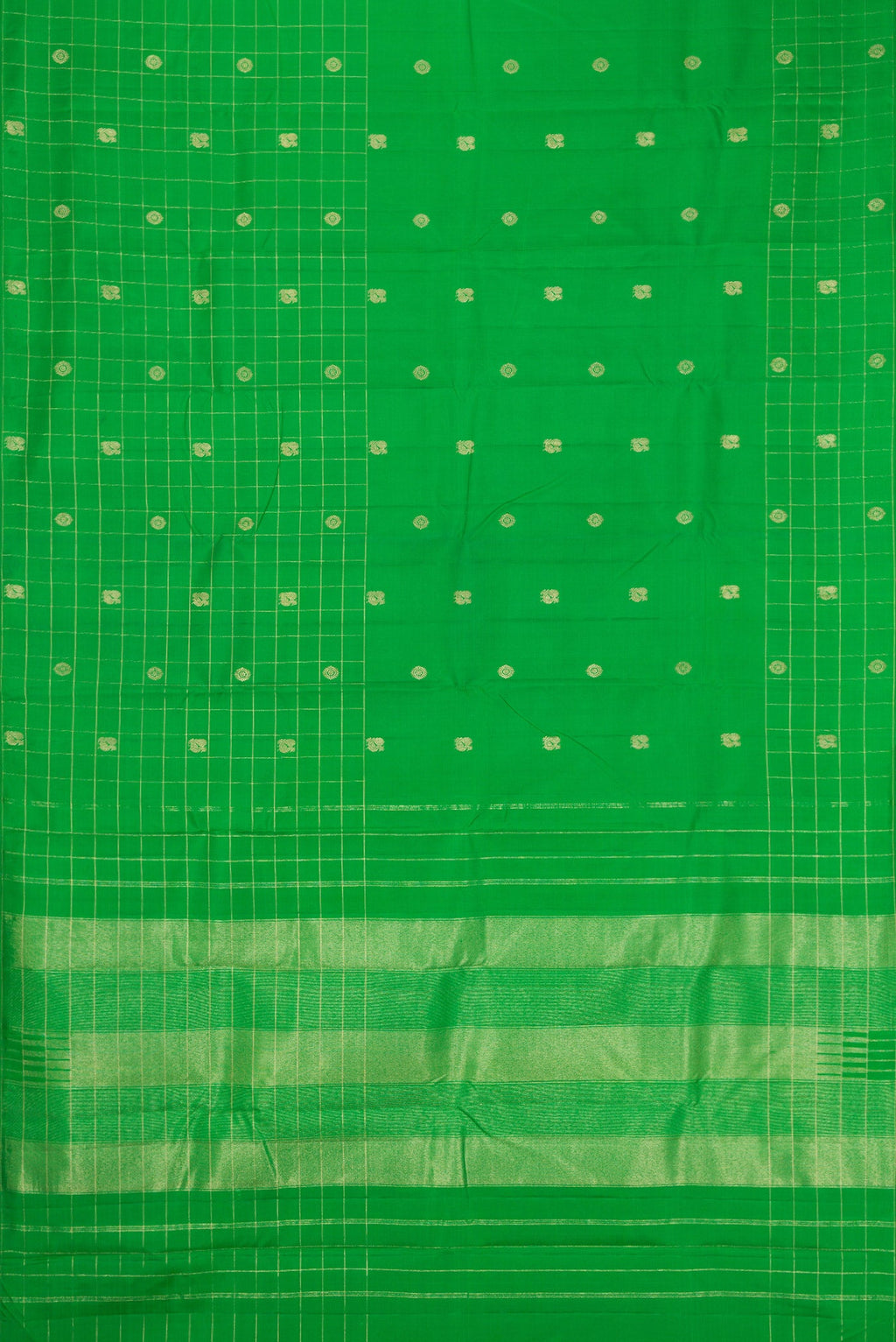 Flat view of Green Kanchipuram Silk Saree with Zari Butta on the body and Checks Border. 