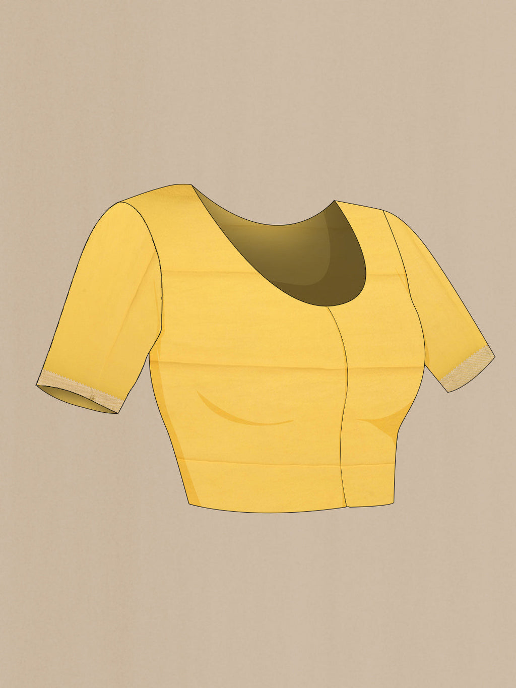 Close up image of the blouse of Yellow Mysore Chiffon Saree with Printed design on the body and Zari Border. 