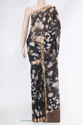 Black Mysore Chiffon Saree with Printed design on the body and Zari Border.  displayed on a mannequin