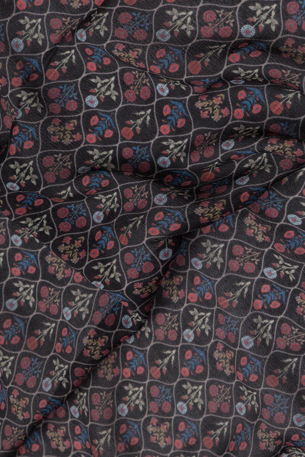 Close up of Black Mysore Chiffon Saree with Printed design on the body and Zari Border.  displaying folds
