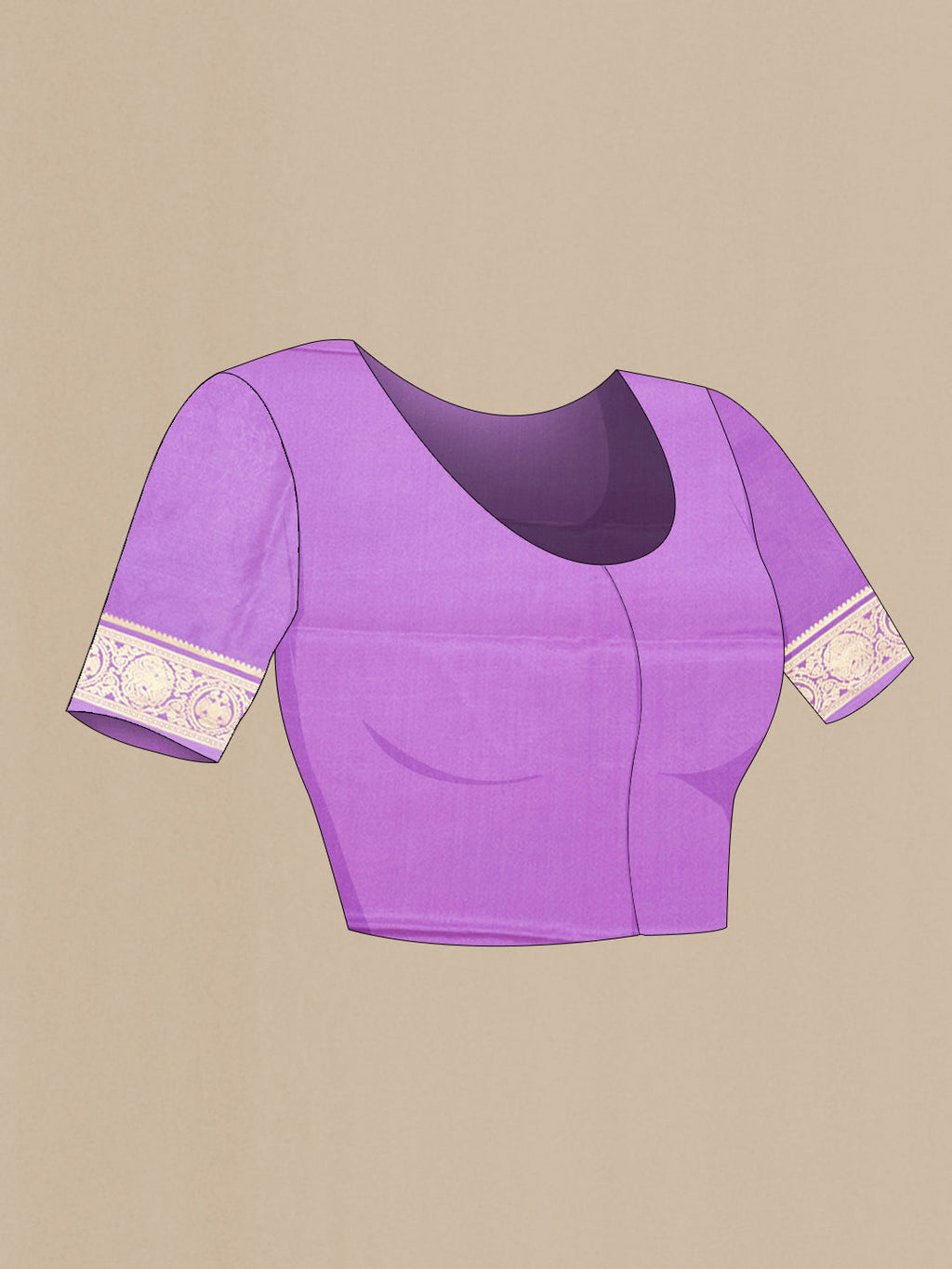 Close up image of the blouse of Lavender Dual Tone Mysore Silk Saree with Plain Body and Fancy Border. 