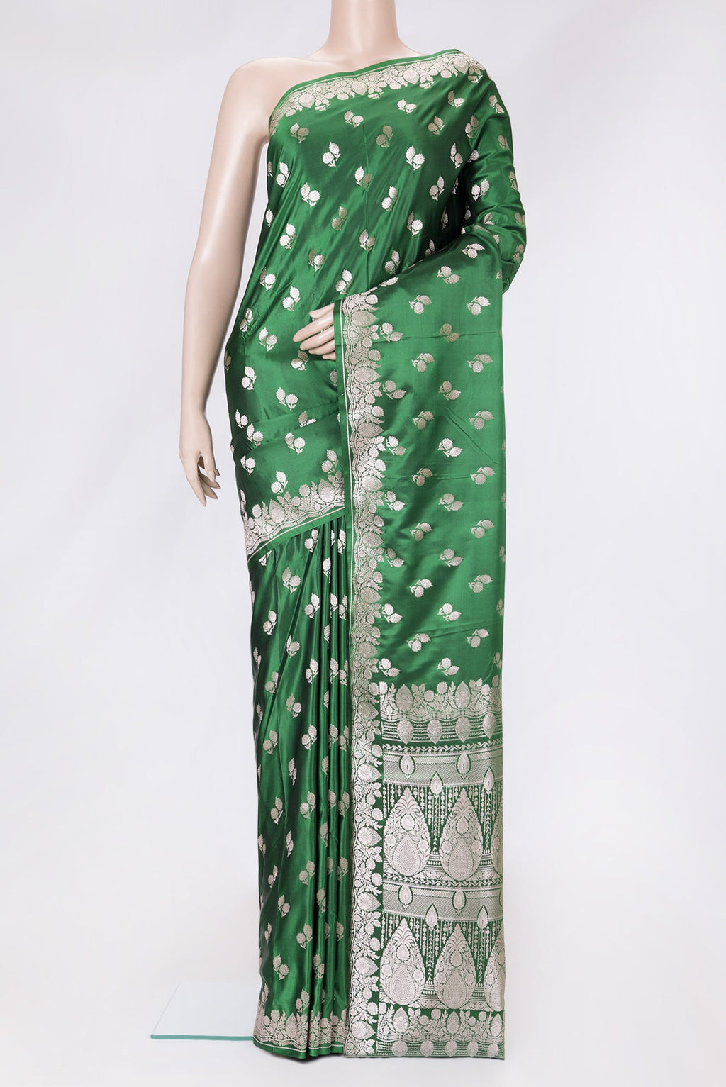 Green Dual Tone Blended Banarasi Silk Saree with Zari Butta on the body and Zari Border.  displayed on a mannequin