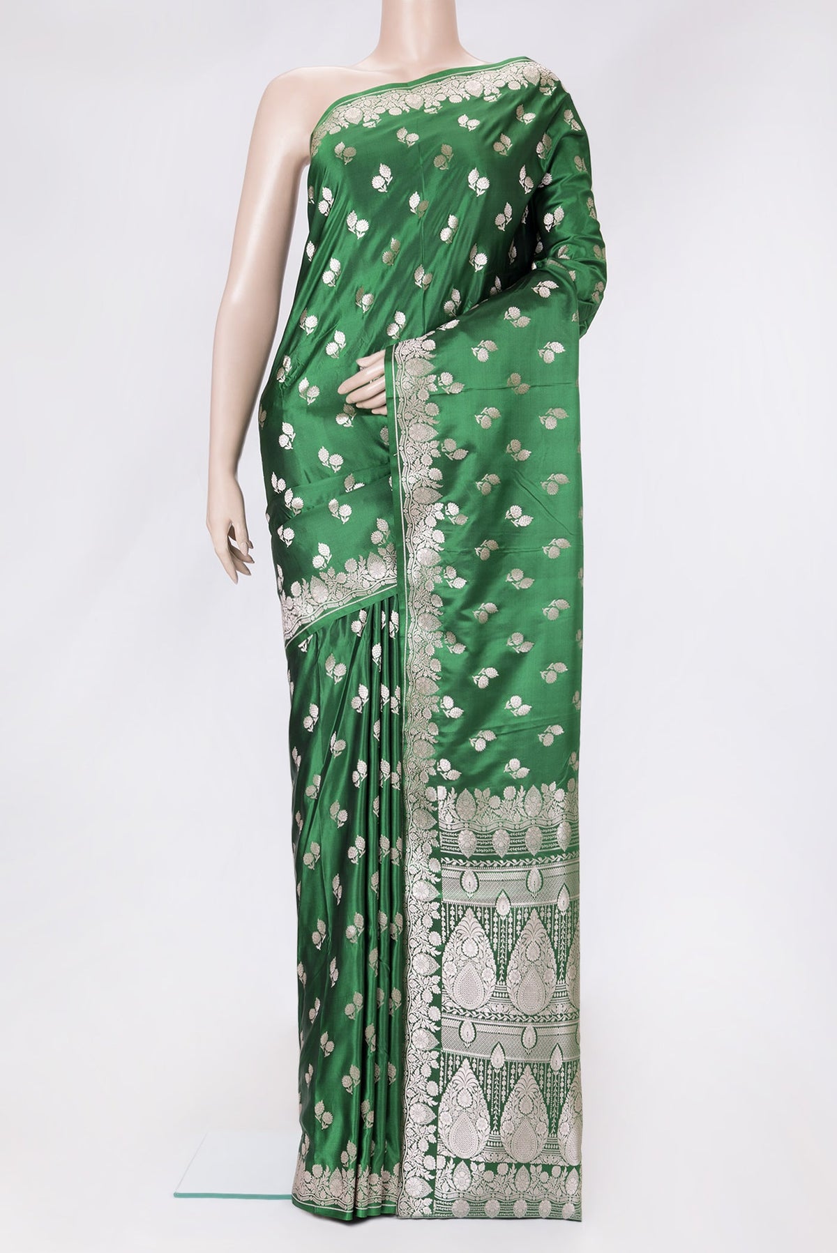 Green Dual Tone Blended Banarasi Silk Saree with Zari Butta on the body and Zari Border.  displayed on a mannequin